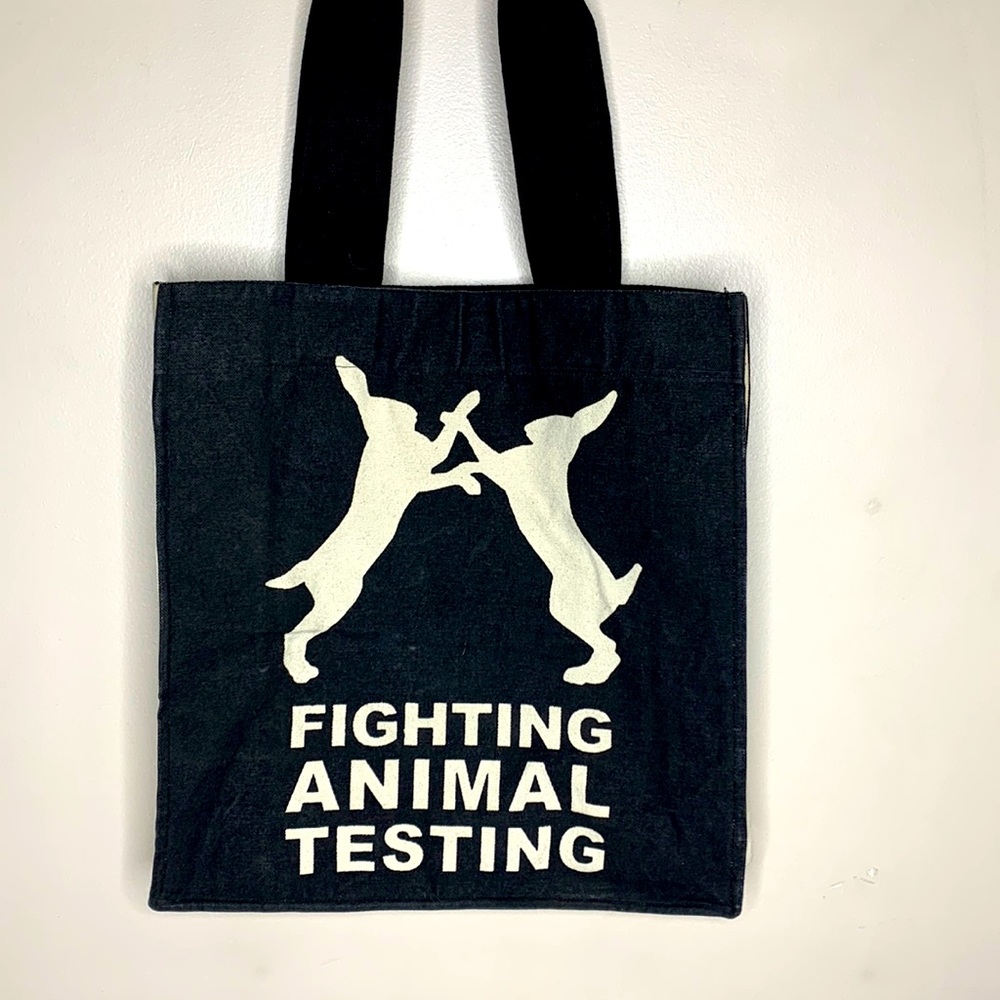 Fighting Animal Testing | Large Heavy Bunny Decal Front VEGAN RECYCLED TOTE BAG